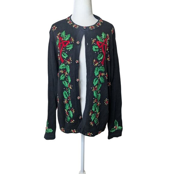 Vintage B.P. Designs black embroidered Christmas holiday sweater cardigan size L - Picture 5 of 10